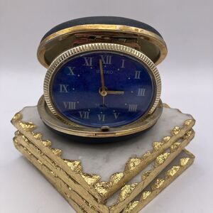 VTG Seiko Repeat 2 Jewels Travel Alarm Clock w/ Case Blue Gold Untested /Repair